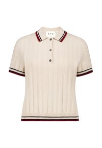 Polo shirt beige a coste con maniche corte. Presenta accenti a righe marroni e nere sul colletto e sui polsini. Chiusura a tre bottoni.