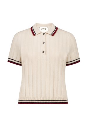 Polo shirt beige a coste con maniche corte. Presenta accenti a righe marroni e nere sul colletto e sui polsini. Chiusura a tre bottoni.