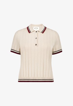Beige gestreiftes Poloshirt mit kurzen Ärmeln. Mit kastanienbraunen und schwarzen Streifenakzenten am Kragen und an den Bündchen. Drei-Knopf-Verschluss.