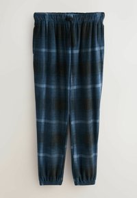 Karované tepláky s modro-čiernym farebným schématom, vyrobené z jemnej látky s elastickým pásom a manžetami na členkoch.