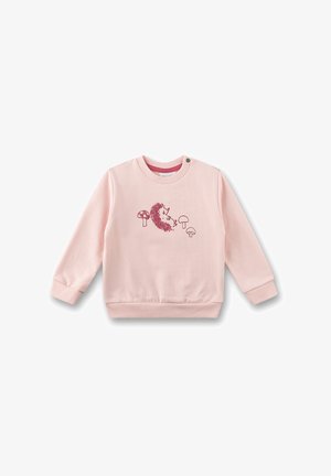 Rosa Baumwoll-Sweatshirt mit langen Ärmeln, gerippten Bündchen und Ausschnitt. Mit einer Grafik eines Igel und Pilzes in dunklerem Rosa.