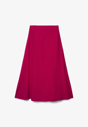 Gonna svasata magenta con fascia in vita aderente e chiusura con zip, realizzata in tessuto liscio, lunghezza dal ginocchio al metà polpaccio.