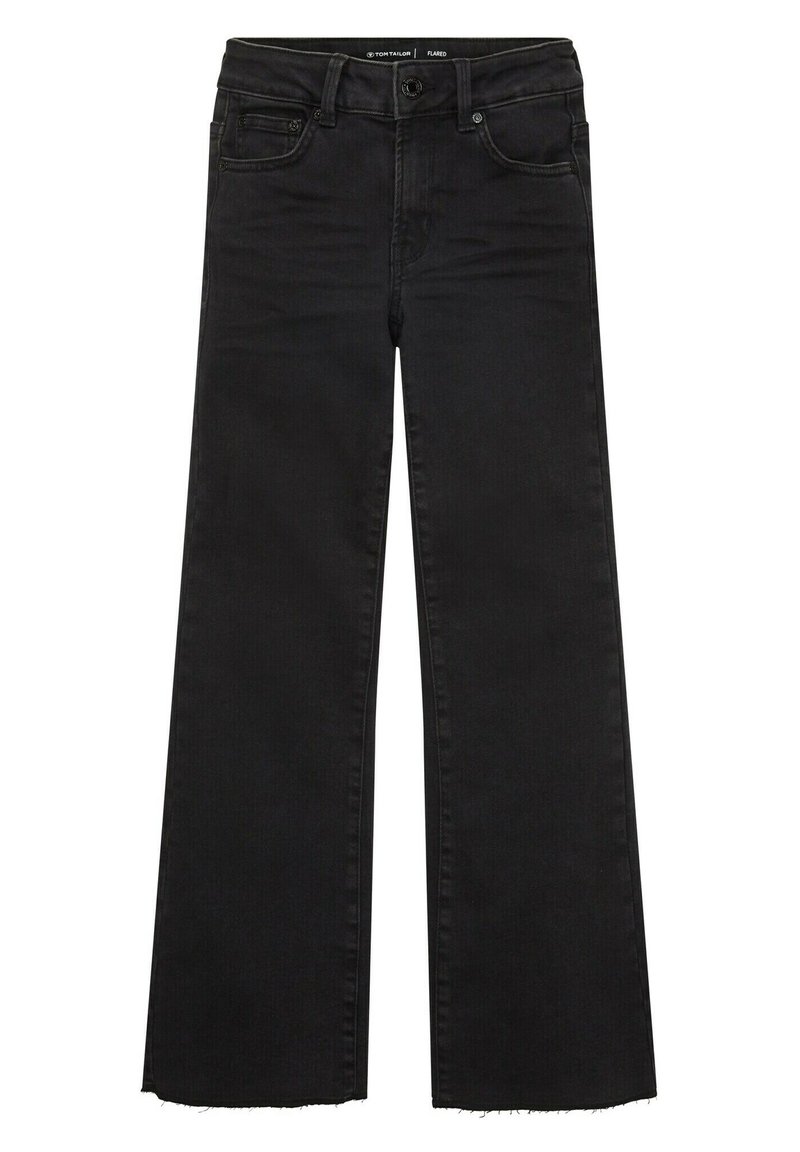 Musta leveälahkeinen farkut, valmistettu denimistä, jossa on viisi taskua, nappikiinnitys ja raakat chambray-reunat, tarjoten rennon istuvuuden.