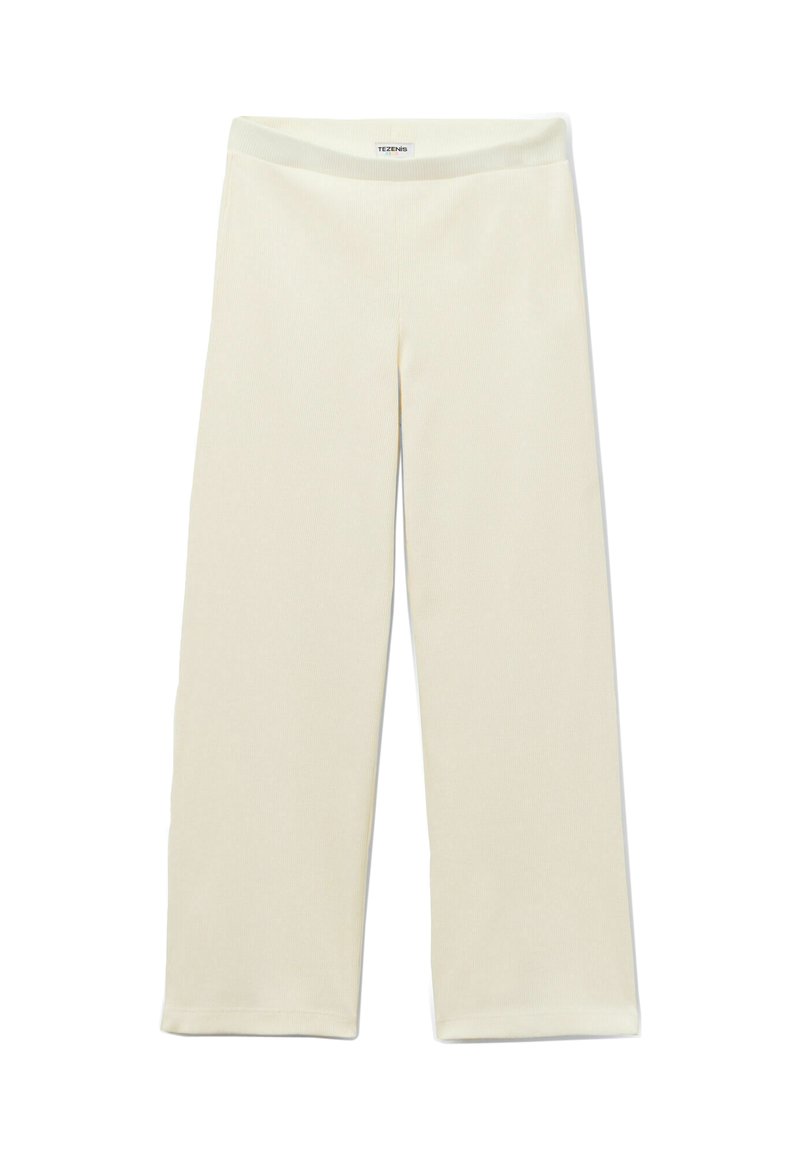 Kalhoty s širokými nohavicemi vyrobené z jemné béžové tkaniny, s pohodlným elastickým pasem a hladkým, texturovaným povrchem.