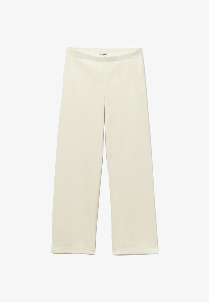 Spodnie o szerokich nogawkach wykonane z jasnobeżowego materiału, z wygodnym elastycznym pasem i gładką, teksturowaną powierzchnią.