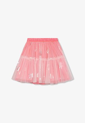 Różowa tiulowa spódnica z zebranymi warstwami i błyszczącymi wzorami motyli, z brokatowym różowym elastycznym pasem.