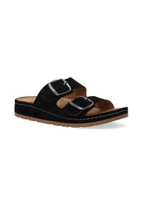 Black suede slide sandal featuring two buckles, a natural cork footbed, and a rubber sole with white stitching along the edge.