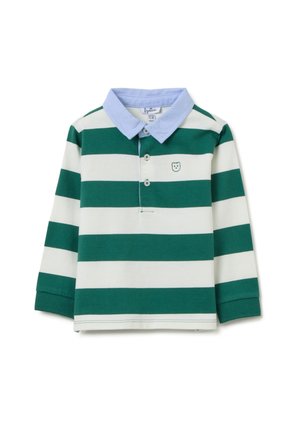 Polo a maniche lunghe a righe verdi e bianche con colletto azzurro chiaro e pattina bottoni; presenta un piccolo logo di orsetto sul petto.