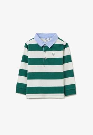 Groen en wit gestreepte long sleeve polo shirt met een lichtblauwe kraag en knoopsluiting; heeft een klein berlogo op de borst.