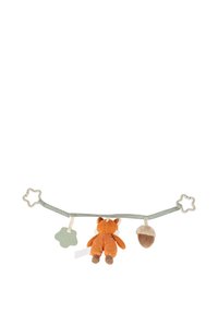 Soft toy attachment with a green fabric strap. Features an orange fox, a textured green shape, and a plush acorn. Star-shaped clips on each end.