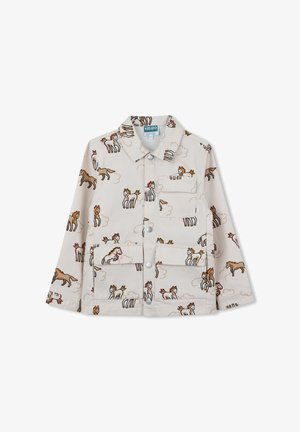 Veste beige pour enfants avec fermeture à boutons et chevaux de dessin animé imprimés dans diverses poses sur tout le tissu, comprenant trois poches avant.