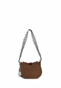 Hnedá semišová kabelka so sivým prepleteným remienkom, zapínaním na zips a jemnými švami. Kompaktný, zaoblený tvar s mäkkým povrchom.
