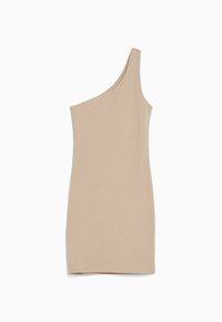 Beige enaxladärmad ärmlös klänning med en figurnära silhuett, knälång, sömlös design, lagd platt på en vit bakgrund.