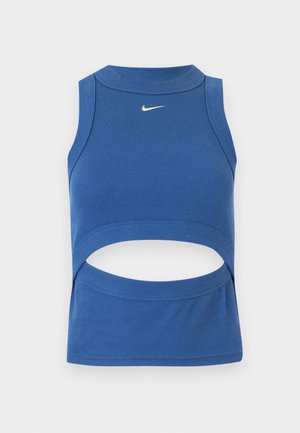 Μπλε κορυφή χωρίς μανίκια, κοντή με ψηλό κολάρο, ραβδωτή υφή, άνοιγμα στο μπροστινό μέρος στη μέση και μικρό λευκό λογότυπο Nike Swoosh στο στήθος.