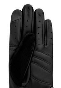 Guanto in pelle nera con design perforato sulle dita, rivestimento interno nero testurizzato e sottili dettagli cuciti sul dorso.