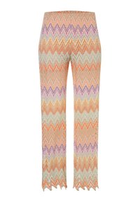 Kleurige zigzagpatroon broek met oranje, lavendel en groene tinten, een uitlopende zoom en een lichte, textuurstof.