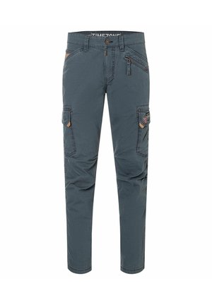 Blue-gray cargo pants with multiple pockets, zipper details, button closure, and straight legs.