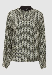 Blusa a maniche lunghe con un motivo ondulato nero, crema e verde oliva. Presenta un collo alto con chiusura a bottone e maniche arricciate.