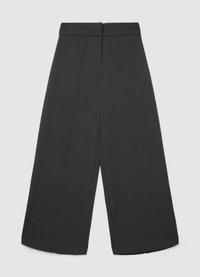 Pantalon noir à jambes larges en tissu lisse, avec une taille haute et sans poches visibles, finition avec des bords soigneusement cousus.