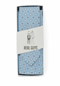 Hellblauer Krawatte mit weißem und blauem Blumenmuster, verpackt in einer Schachtel. Das Etikett trägt die Aufschrift "ECHTE JUNGS" mit Illustrationen eines Paares.