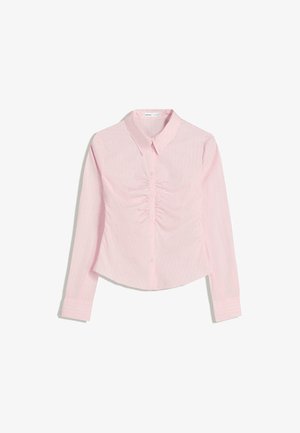 Helles rosa Hemd mit Knopfleiste, Kragenhals, langen Ärmeln und vertikalen Nadelstreifen. Verfügt über geraffte Details an der Vorderseite.