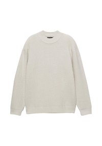 Helles graues Strickpullover mit Rundhalsausschnitt, langen Ärmeln, gerippter Textur und eng anliegenden Bündchen. Einfaches Design ohne sichtbare Logos oder Muster.