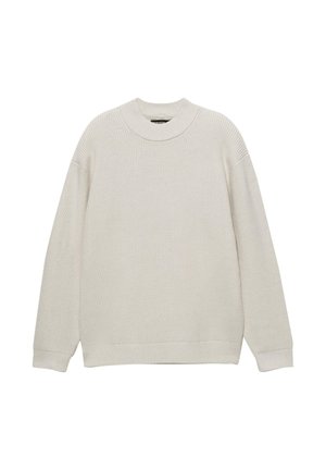 Svetlo šedý pletený sveter s okrúhlym výstrihom, dlhými rukávmi, rebrovanou textúrou a priliehajúcimi manžetami. Jednoduchý dizajn bez viditeľných log alebo vzorov.