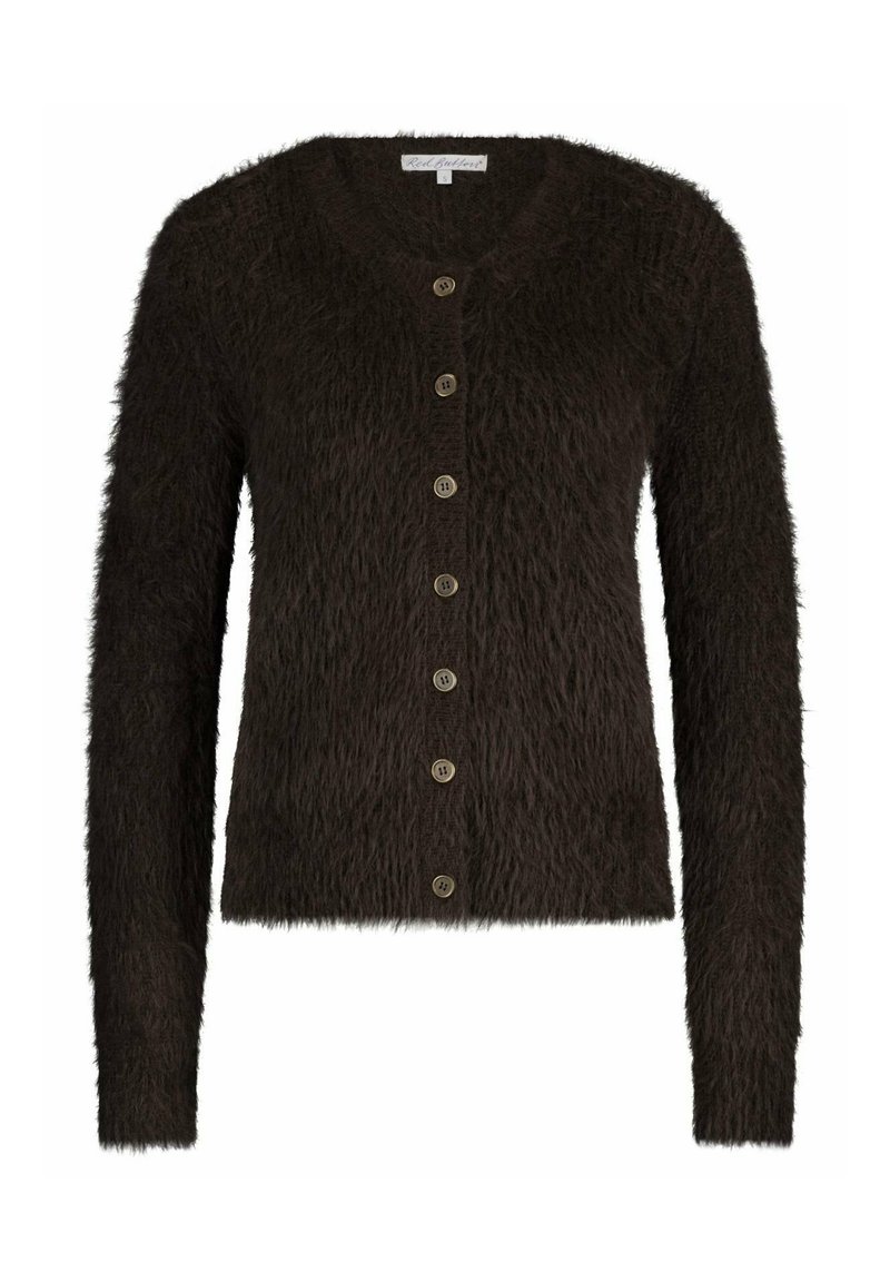 Donkerbruin harige cardigan met lange mouwen, V-hals en zes knopen aan de voorkant. Zachte textuur en een aangesloten silhouet.