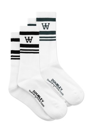 To par hvide ankelstrømper med sorte og mørkegrønne striber samt "W"-logo, mærket "DOUBLE V Double V by WOOD WOOD" på foden.