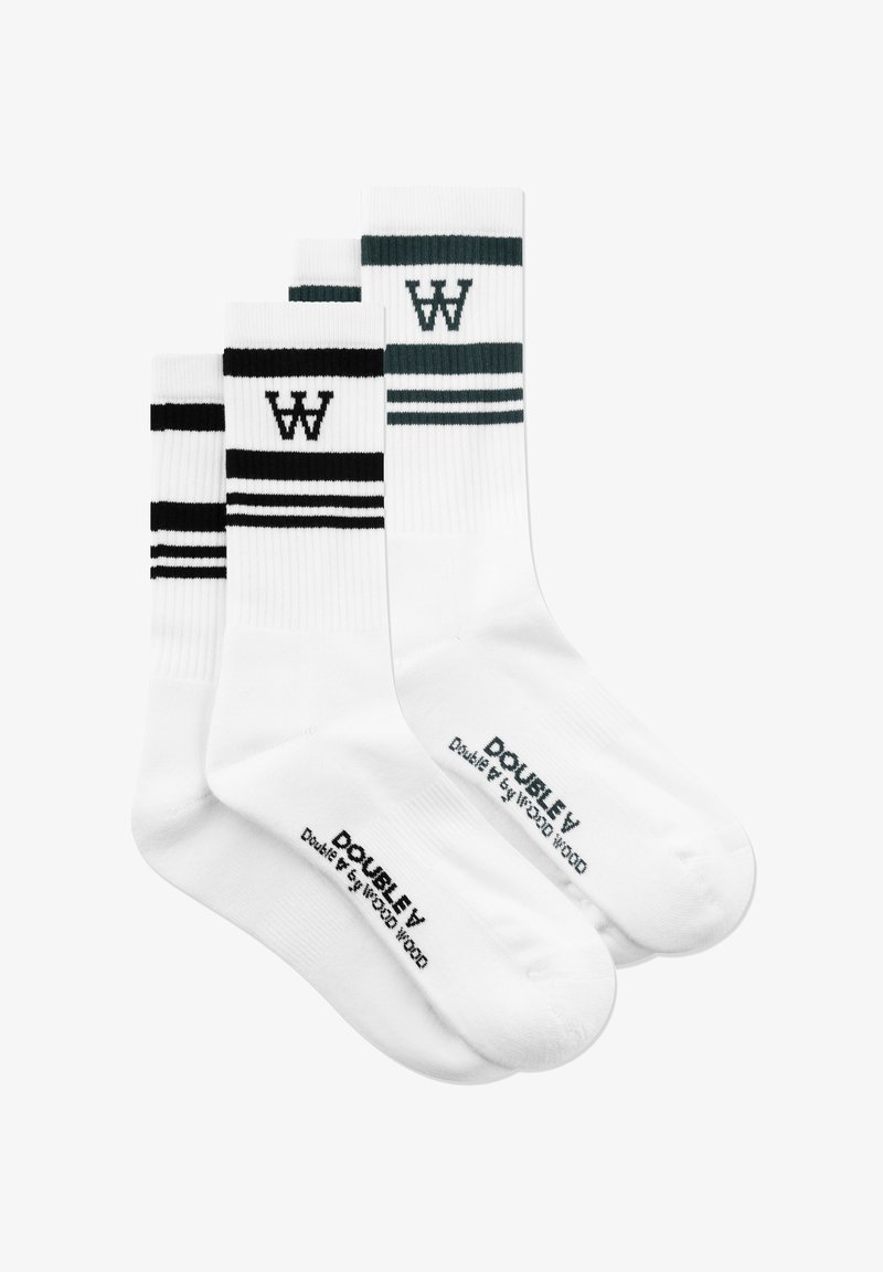 To par hvide ankelstrømper med sorte og mørkegrønne striber samt "W"-logo, mærket "DOUBLE V Double V by WOOD WOOD" på foden.