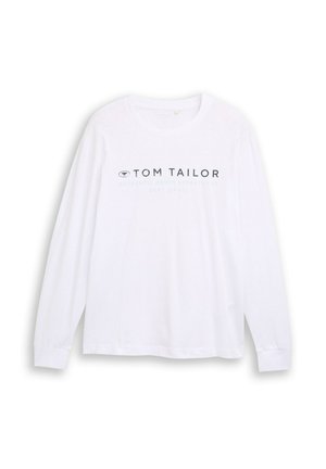 Fehér, hosszú ujjú ing kerek nyakkivágással, melyen sötétkék és világoskék szöveggel áll: "TOM TAILOR AUTHENTIC DENIM DEPARTMENT" a mellkason.