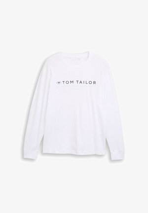 Vit långärmad skjorta med rund halsringning och "TOM TAILOR AUTHENTIC DENIM DEPARTMENT" tryckt över bröstet i mörkblå och ljusblå text.