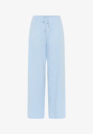 Pantalons larges bleu clair, fabriqués à partir d'un tissu doux et texturé. Dotés d'une taille élastique avec cordon de serrage et sans poches visibles.
