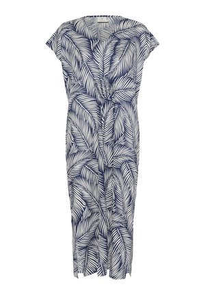 La dressi navy ja valge lehviku mustriga, millel on kapuutsilised varrukad, V-kaelus ja põlvepikkune hem, külgsuus kootud mugavuse tagamiseks.