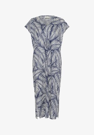 La dressi navy ja valge lehviku mustriga, millel on kapuutsilised varrukad, V-kaelus ja põlvepikkune hem, külgsuus kootud mugavuse tagamiseks.