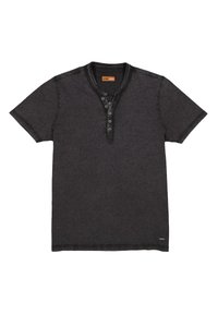 Dark gray short-sleeve t-shirt made of cotton, featuring a buttoned henley neckline and a slightly textured surface.