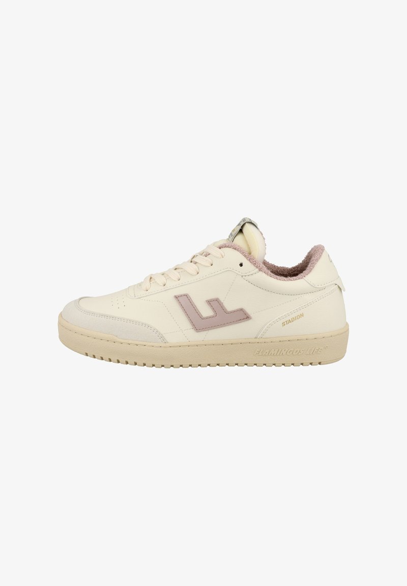 Low-top sneakers in cream leather with a pink accent logo, padded collar, and textured sole for grip. Features a classic athletic design.
