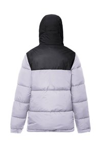 Opblaasbare jas met een zwarte capuchon en bovenstuk; onderstuk is lichtgrijs; gequiltde textuur met gestikt patroon; lange mouwen.