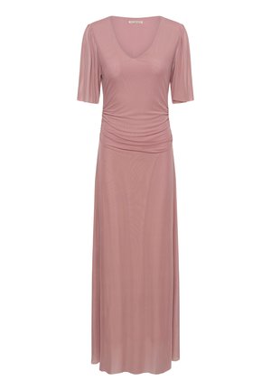 Robe mauve à manches courtes avec encolure en V, taille froncée et jupe longue fluide en tissu lisse.