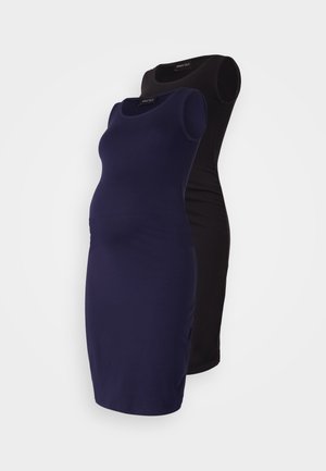 Dve nosečnosti obleke brez naramnic v temno modri in črni barvi, s prilegajočimi silhuetami, mehkim elastičnim materialom in okroglimi izrezki, prikazane ena za drugo.