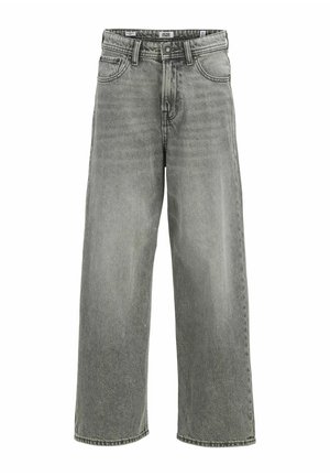 Bredde ben jeans i synonym grå denim. Funktioner fem lommer, bæltestropper og synlige stikninger. Stoffet har en let struktureret overflade.