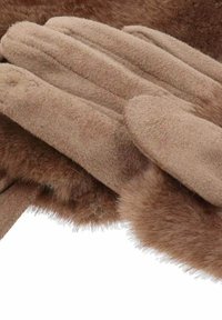 Brązowe rękawiczki z zamszu o miękkiej fakturze, z pięcioma palcami i gładką powierzchnią, ozdobione puszystym, dopasowanym elementem z polaru.