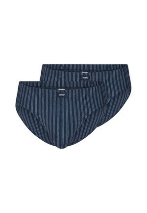 Zwei marineblaue Herren-Slips mit vertikalen grauen Streifen und kleinen "mey" Markenetiketten am vorderen Taillenbund.