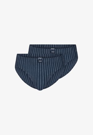 Zwei marineblaue Herren-Slips mit vertikalen grauen Streifen und kleinen "mey" Markenetiketten am vorderen Taillenbund.