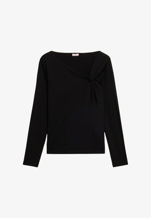 Top nero a maniche lunghe con dettaglio annodato drappeggiato sulla spalla, caratterizzato da un design asimmetrico e un tessuto morbido e elasticizzato.