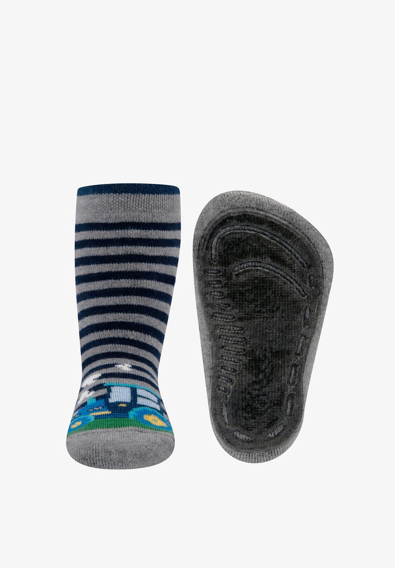 Striped socks with a blue and green bus design at the toe, gray base, and textured, non-slip black sole for grip.