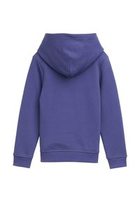 Felpa con cappuccio di un colore viola solido. Presenta una texture morbida, maniche lunghe e polsini a coste. Design semplice sul retro senza ulteriori dettagli.