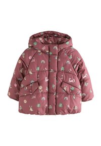 Gepolsterte Steppjacke in einem rosigen Pinkton mit Kapuze. Verziert mit Cartoon-Tieren, Pflanzen und Regenbögen. Zwei Fronttaschen mit Druckknöpfen.