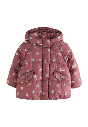 Giacca imbottita trapuntata di colore rosa con cappuccio. Decorata con animali dei cartoni animati, piante e arcobaleni. Due tasche anteriori con chiusura a scatto.