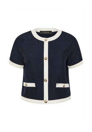 Cardigan blu navy a maniche corte con bordo bianco, bottoni dorati sul davanti e su due tasche frontali, scollatura rotonda.